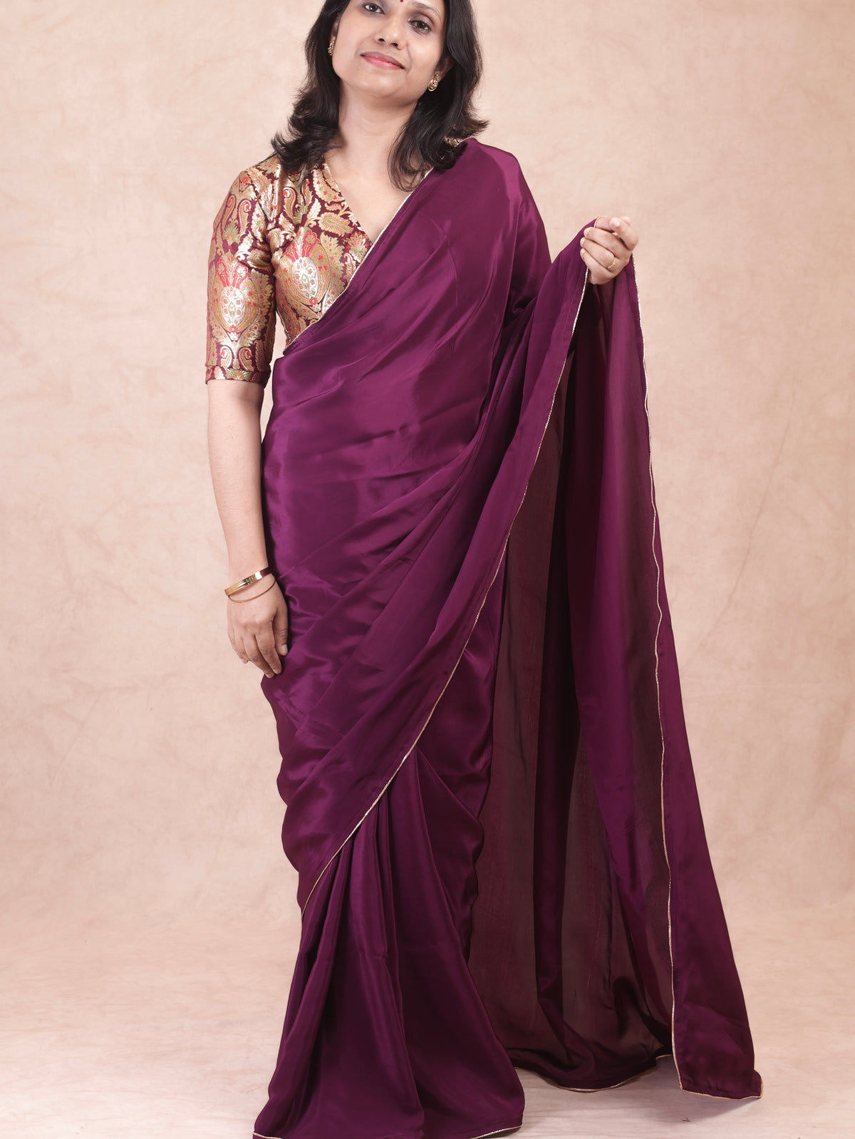 Wine red Crepe silk Saree with brocade blouse piece