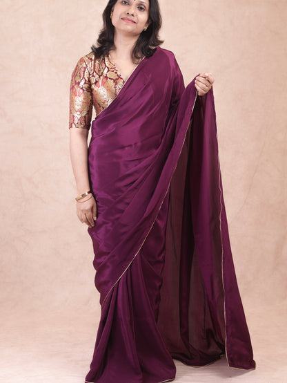 Wine red Crepe silk Saree with brocade blouse piece