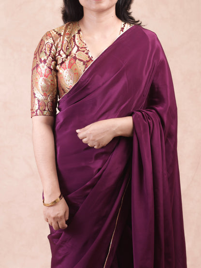 Wine red Crepe silk Saree with brocade blouse piece