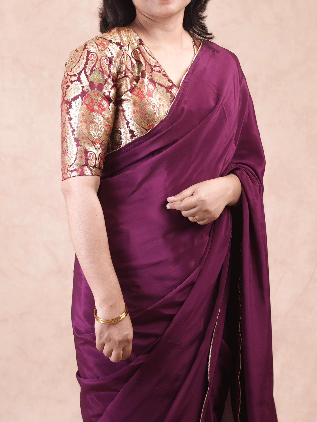 Wine red Crepe silk Saree with brocade blouse piece