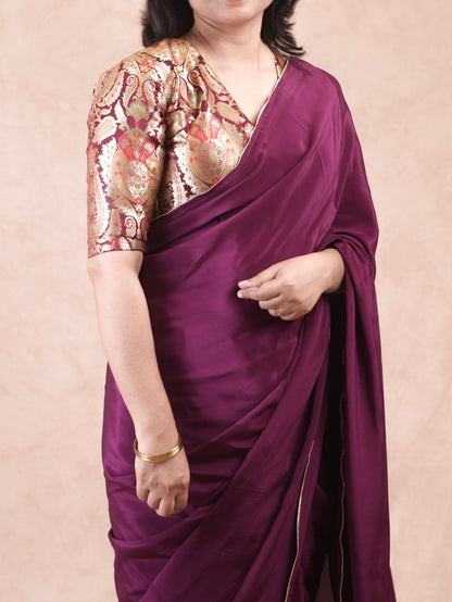 Wine red Crepe silk Saree with brocade blouse piece
