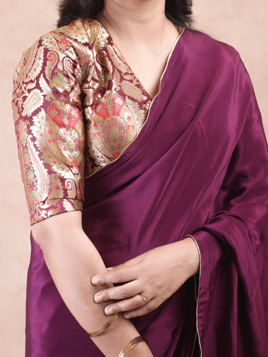 Wine red Crepe silk Saree with brocade blouse piece