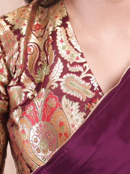 Wine red Crepe silk Saree with brocade blouse piece