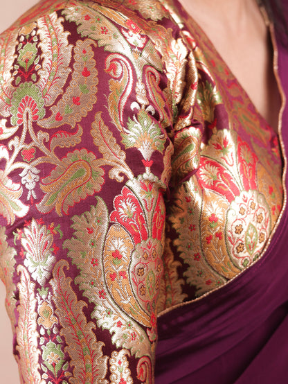 Wine red Crepe silk Saree with brocade blouse piece