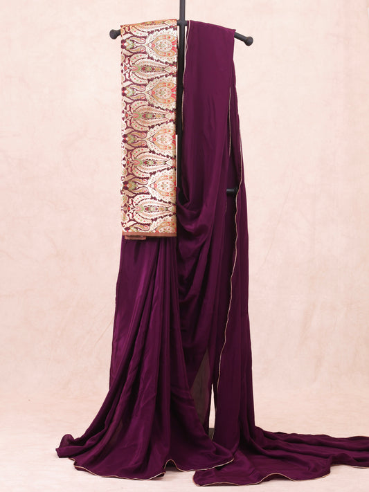 Wine red Crepe silk Saree with brocade blouse piece