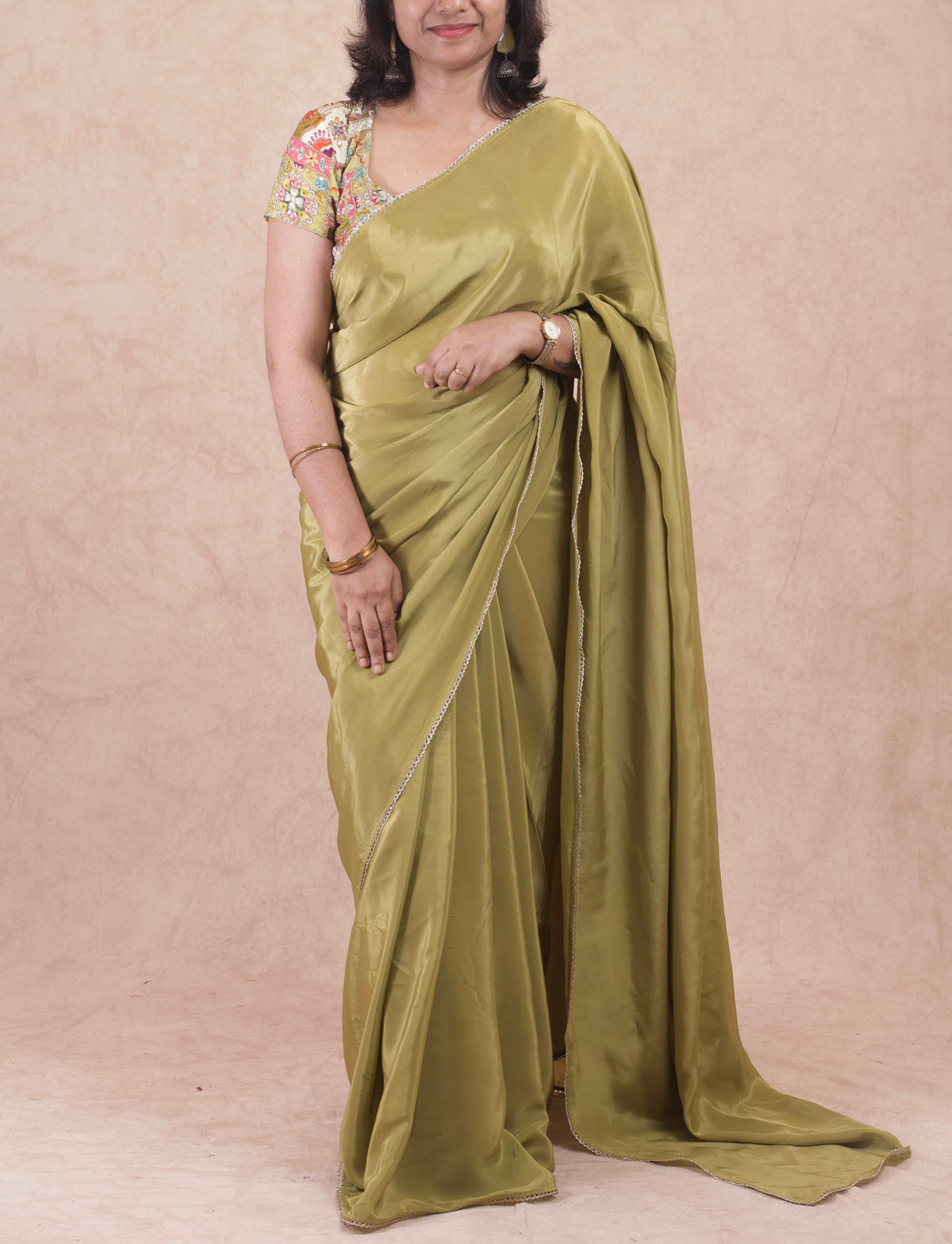 Classic whisper- Olive green Crepe Silk saree