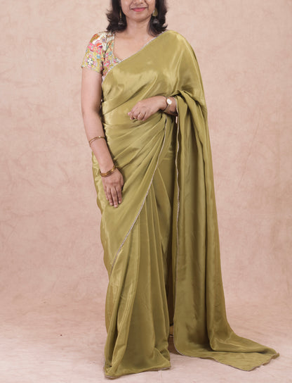 Classic whisper- Olive green Crepe Silk saree