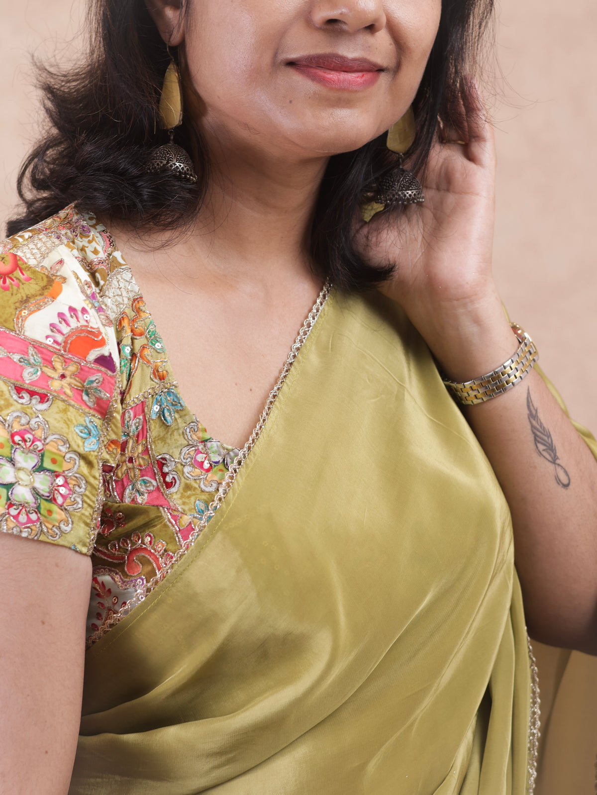 Classic whisper- Olive green Crepe Silk saree