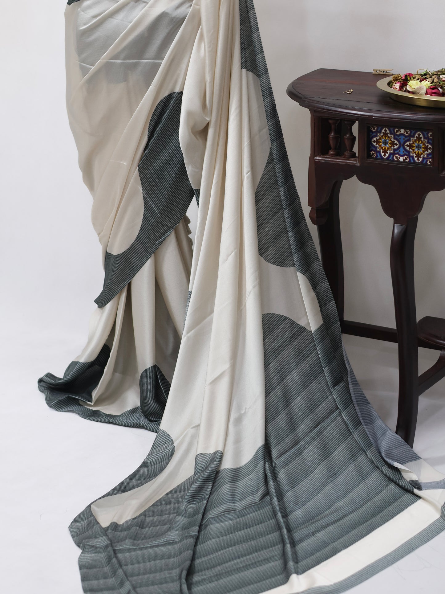 Satin silk saree off white -S248