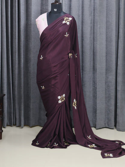 Coffee Brown Satin Semi Silk Saree with Stone Work