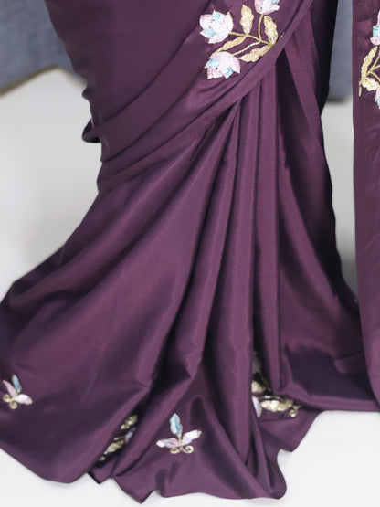 Coffee Brown Satin Semi Silk Saree with Stone Work