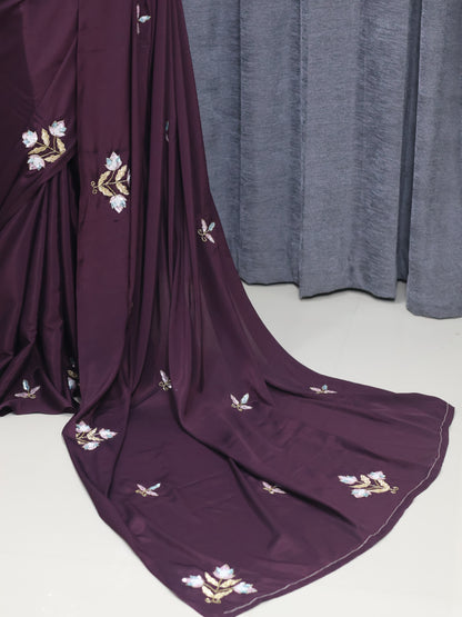 Coffee Brown Satin Semi Silk Saree with Stone Work