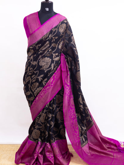 Noir Gulabi Bloom – Banarasi Semi Katan Cotton Silk Saree