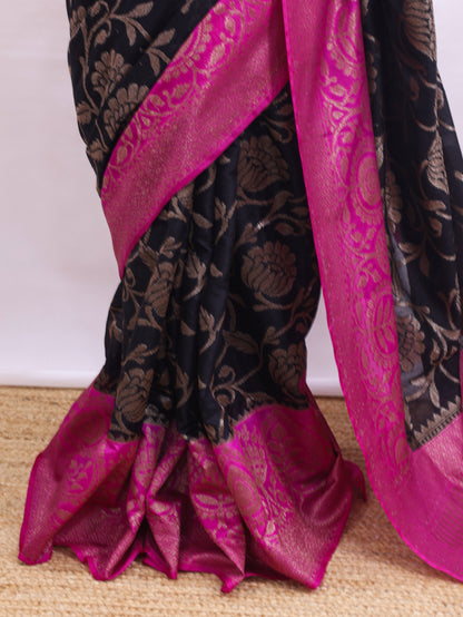 Noir Gulabi Bloom – Banarasi Semi Katan Cotton Silk Saree