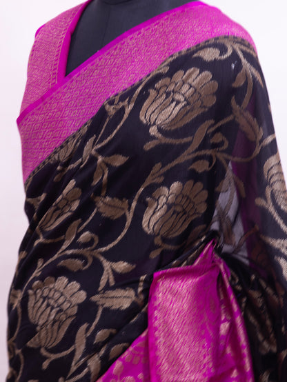Noir Gulabi Bloom – Banarasi Semi Katan Cotton Silk Saree