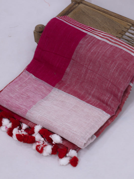 Red & pink  silver box linen saree-S222