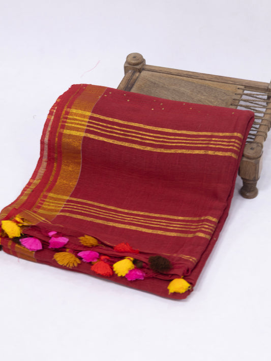 Chilli red sequence pure linen saree-S217