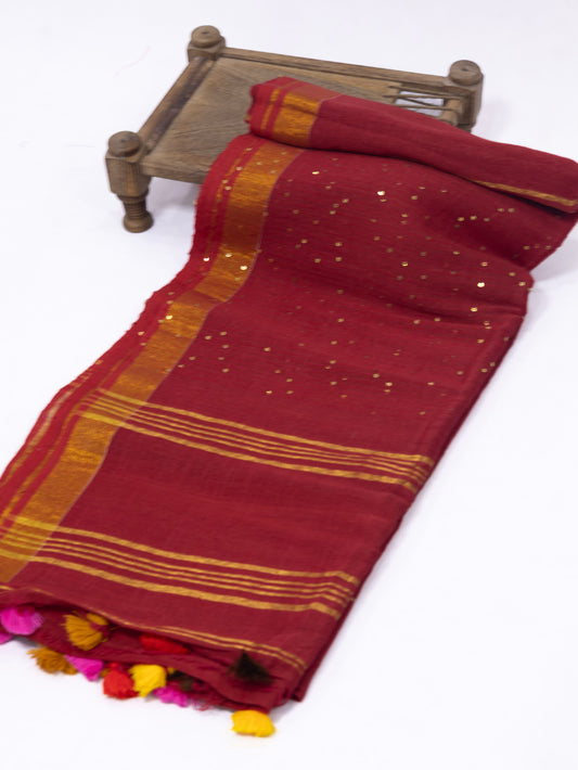Chilli red sequence pure linen saree-S217