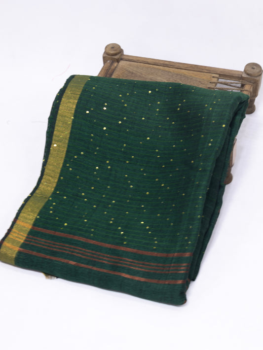 Bottle green sequence pure linen saree-S218