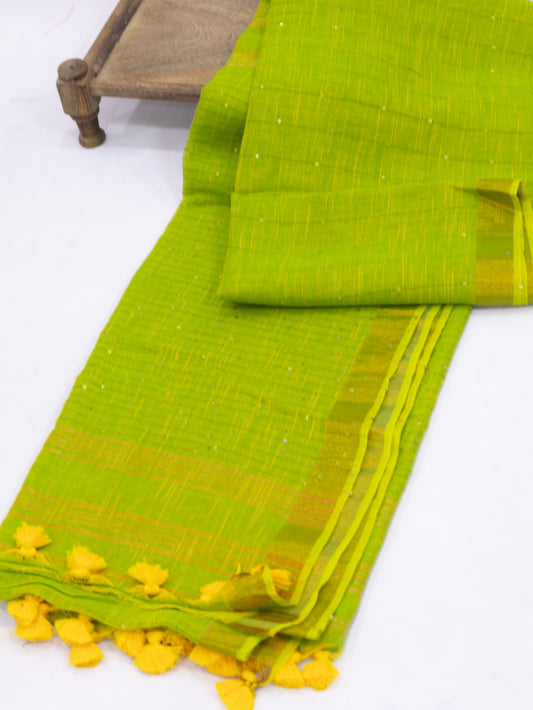 Green sequence pure linen saree-S216