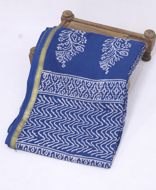 Indigo blue block print jaipuri cotton saree-S160