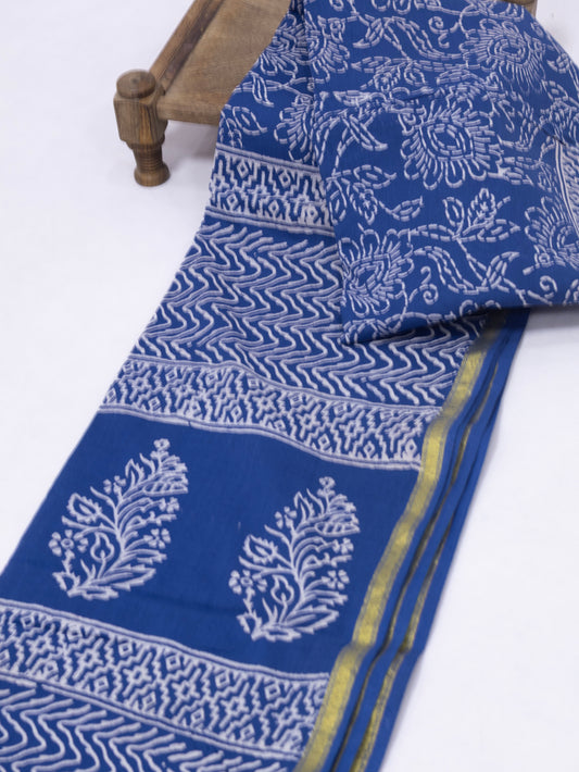 Indigo blue block print jaipuri cotton saree-S160