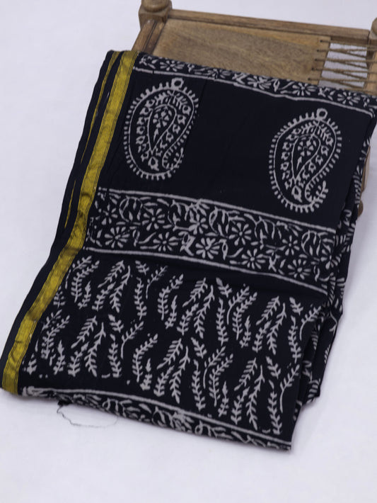 Black block print jaipuri cotton saree-S161