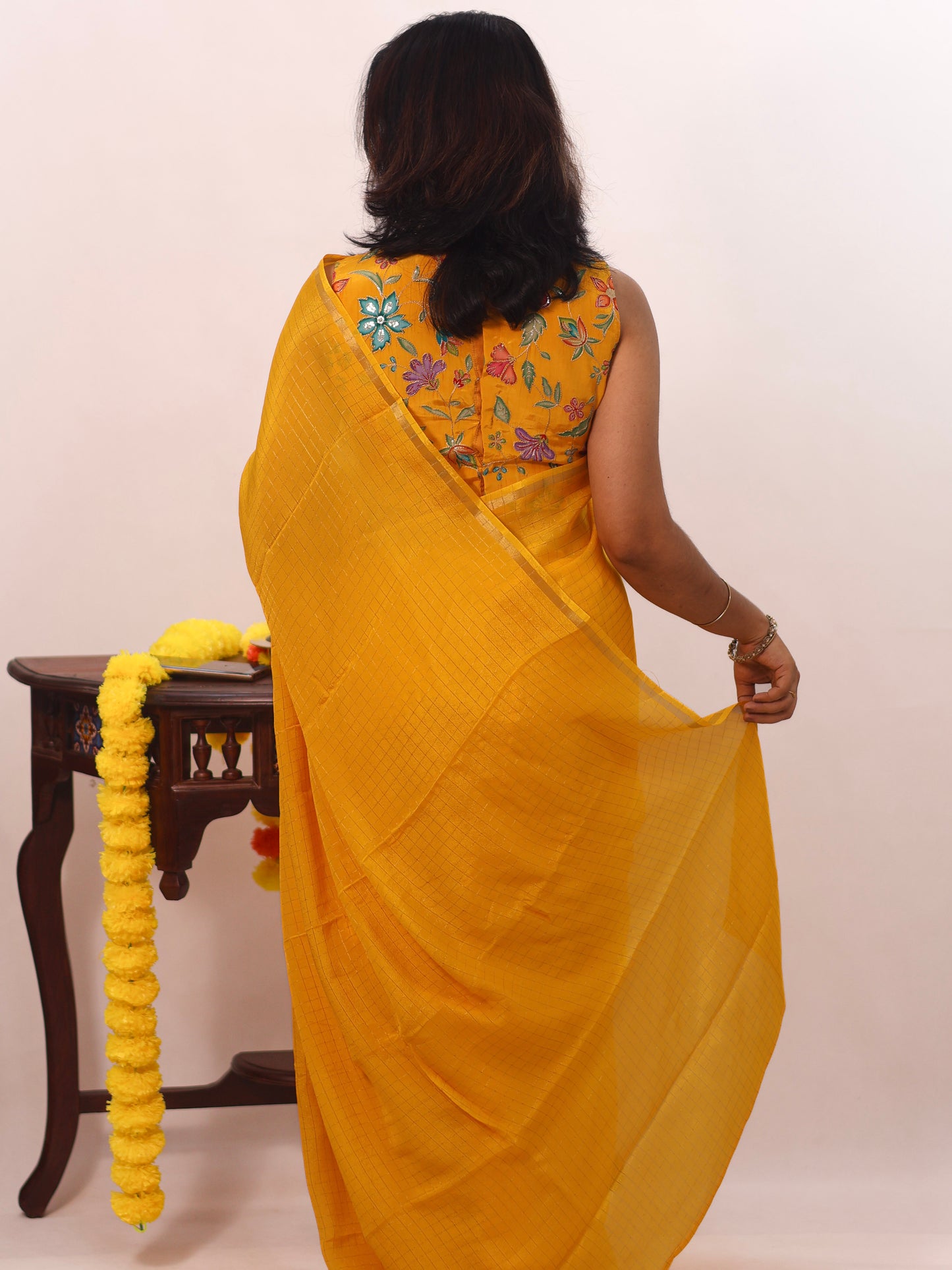 Golden Whisper – Yellow Viscose Organza Silk Saree with Zari Checks