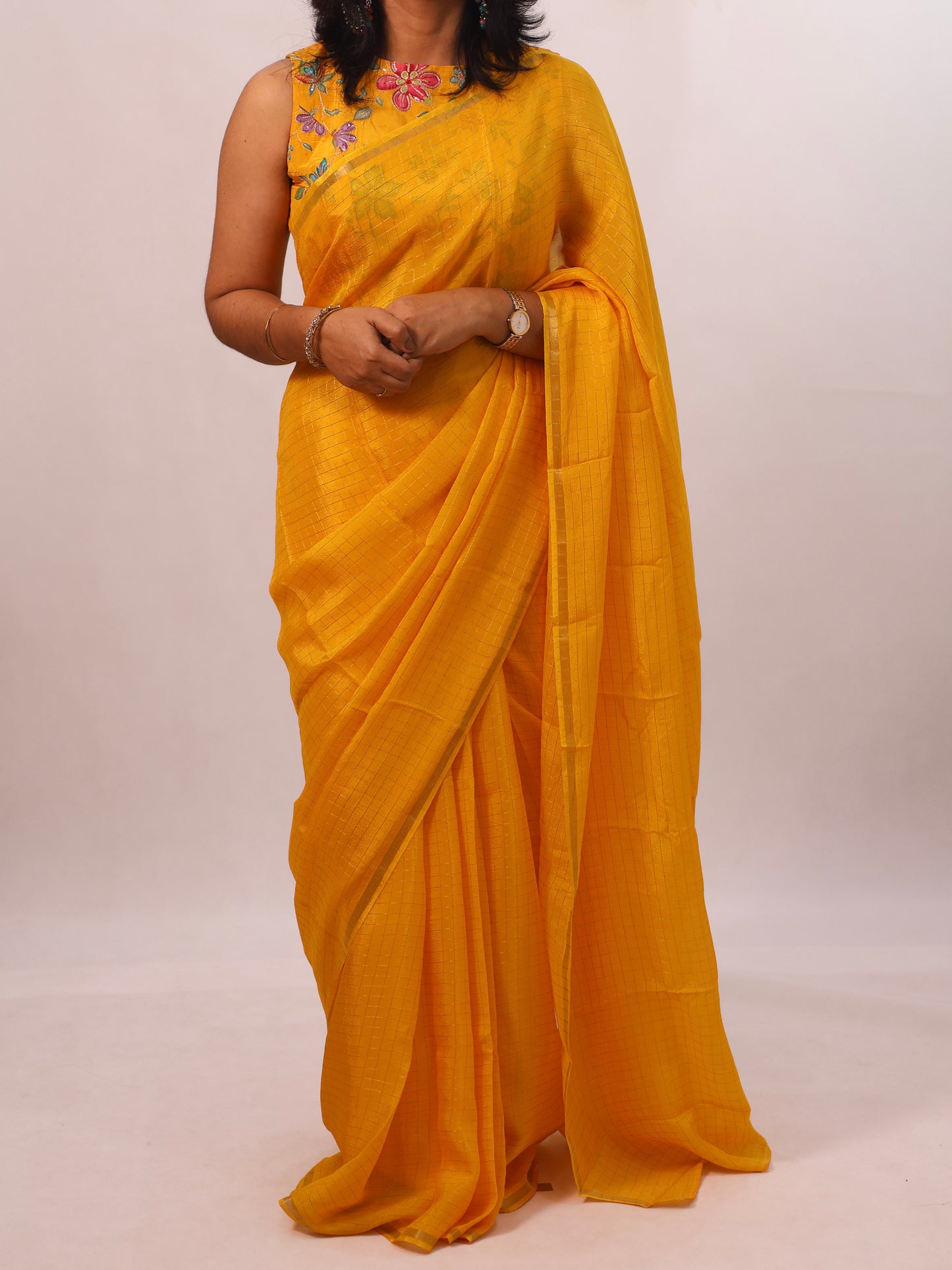 Golden Whisper – Yellow Viscose Organza Silk Saree with Zari Checks