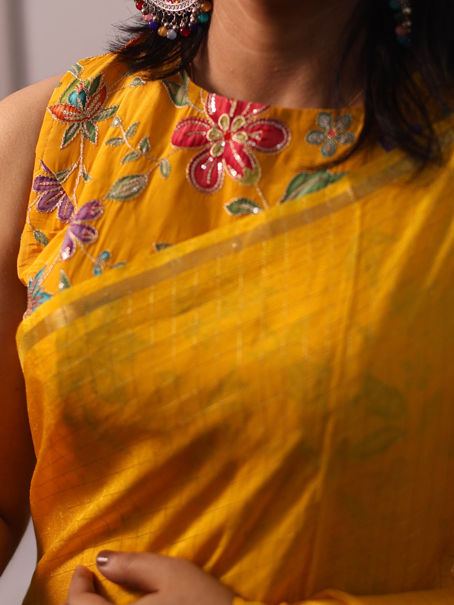 Golden Whisper – Yellow Viscose Organza Silk Saree with Zari Checks
