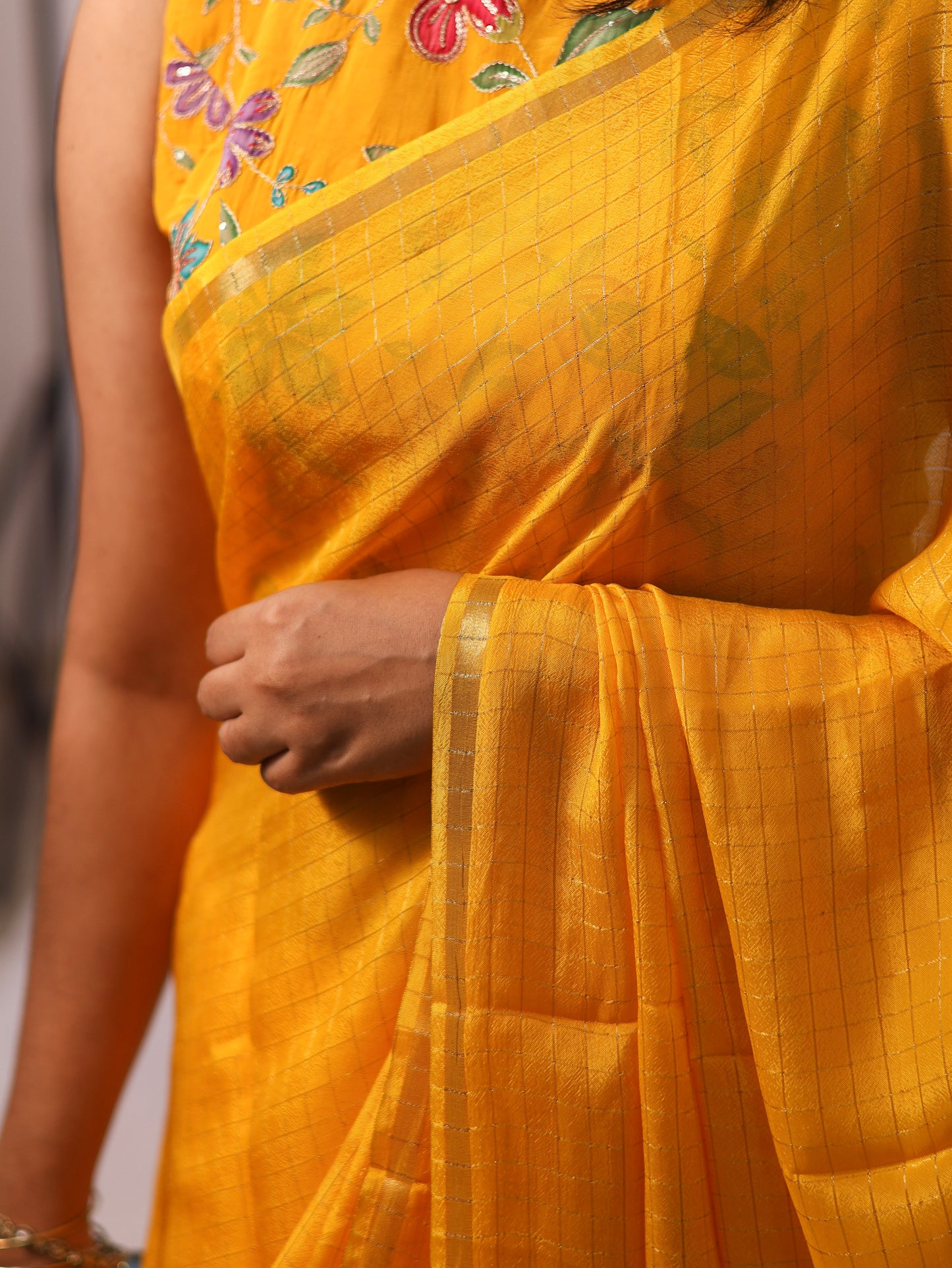 Golden Whisper – Yellow Viscose Organza Silk Saree with Zari Checks