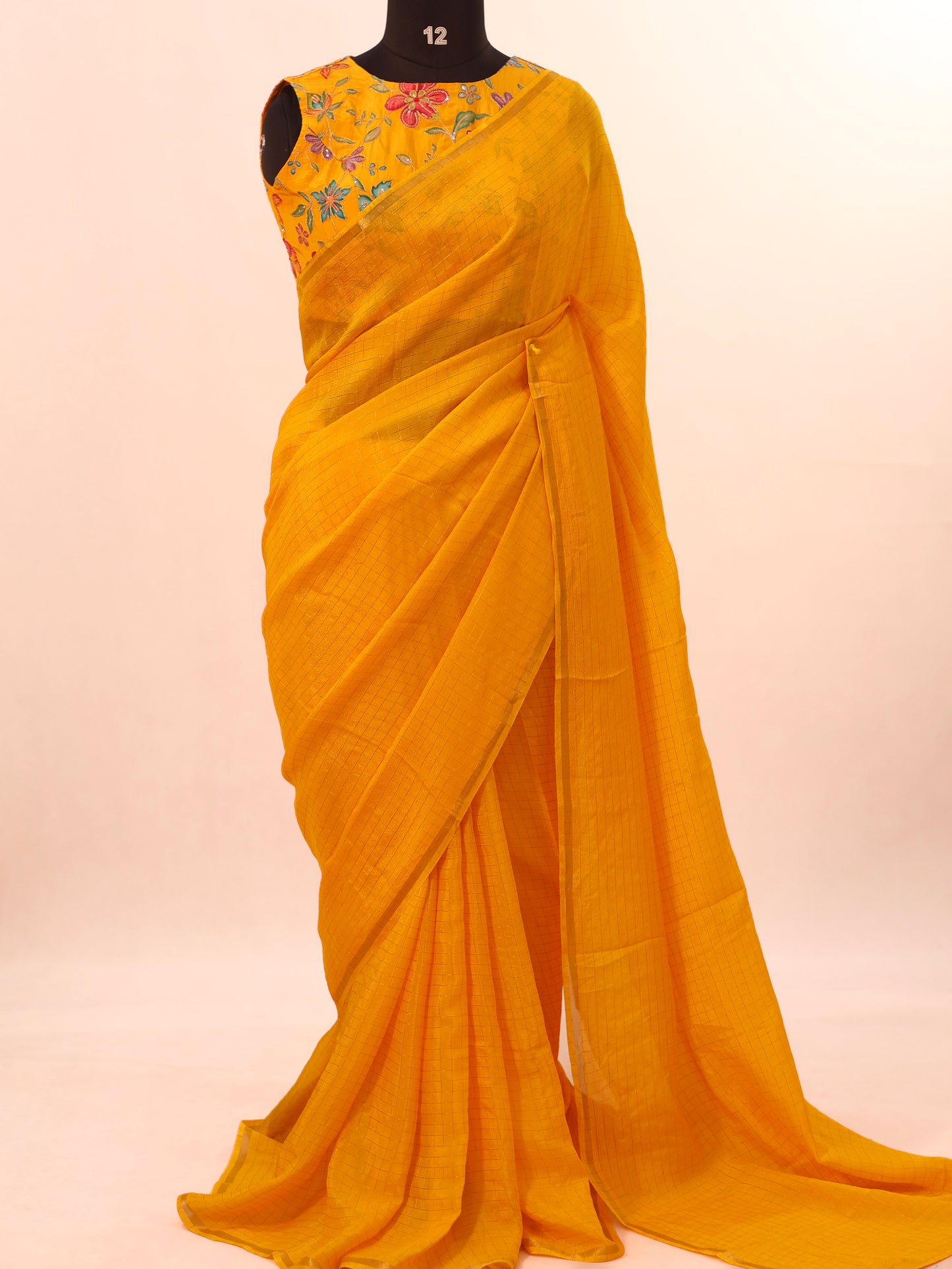 Golden Whisper – Yellow Viscose Organza Silk Saree with Zari Checks