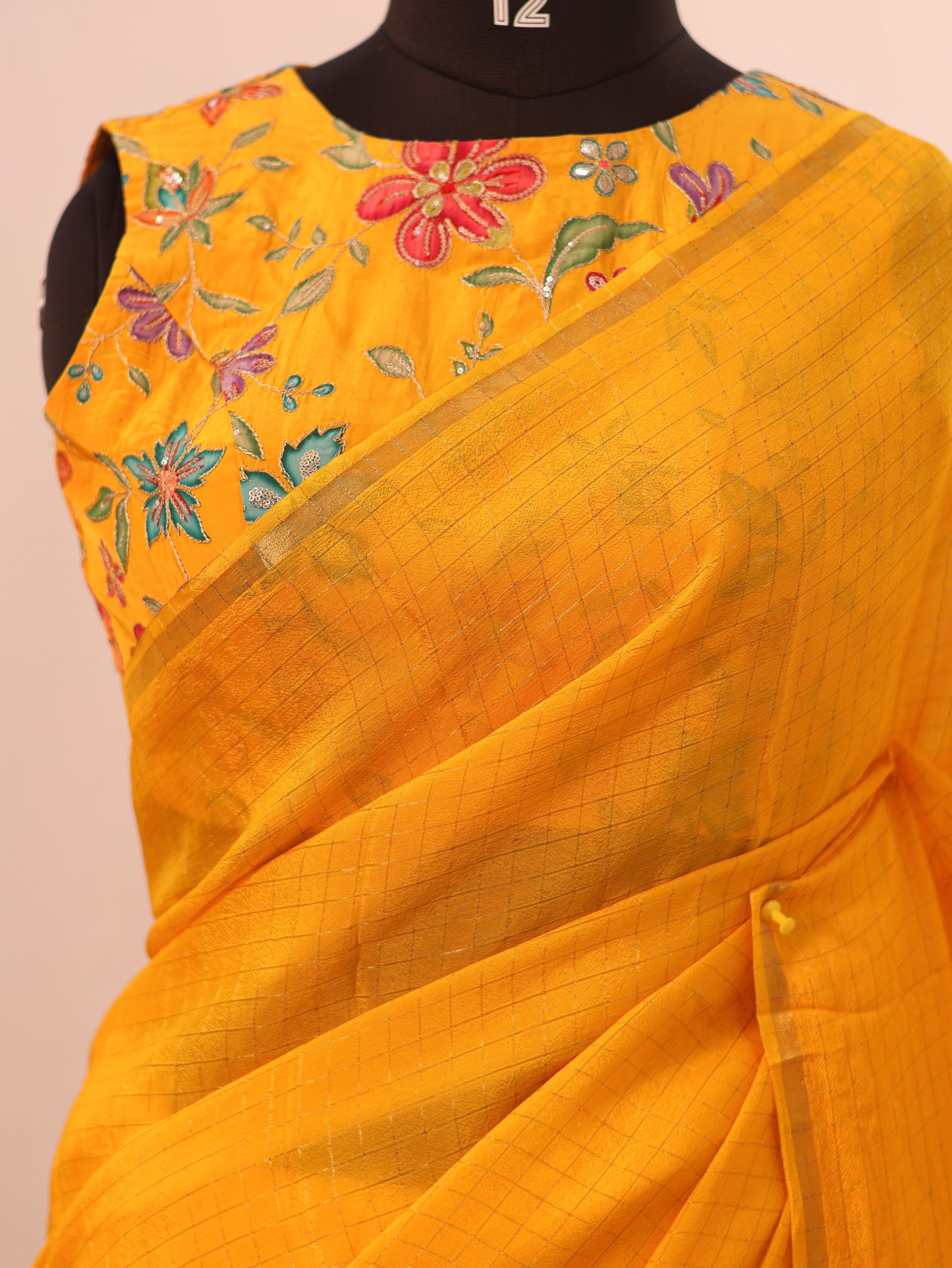 Golden Whisper – Yellow Viscose Organza Silk Saree with Zari Checks
