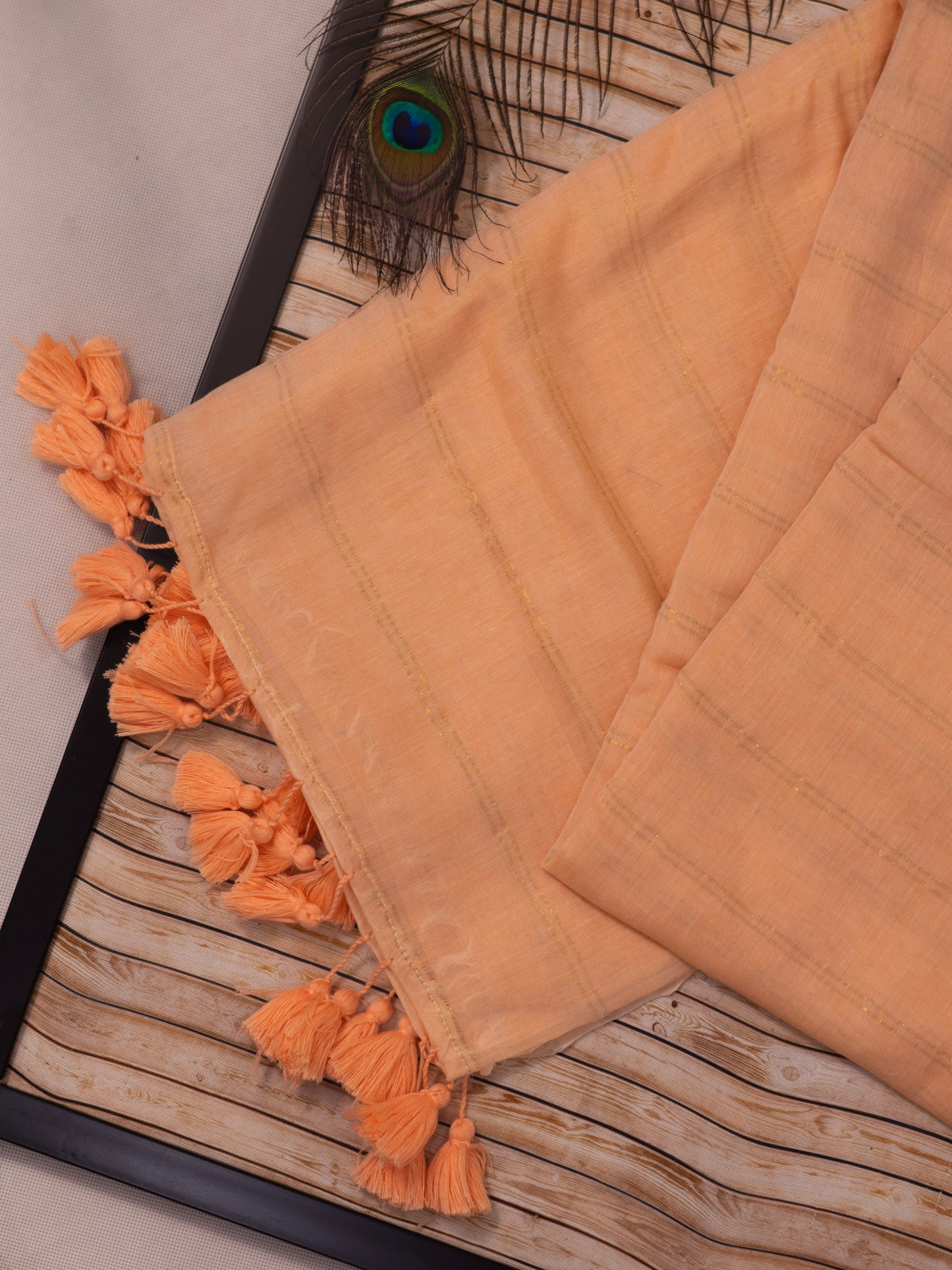 Light orange color golden body stripe mul cotton saree-S205