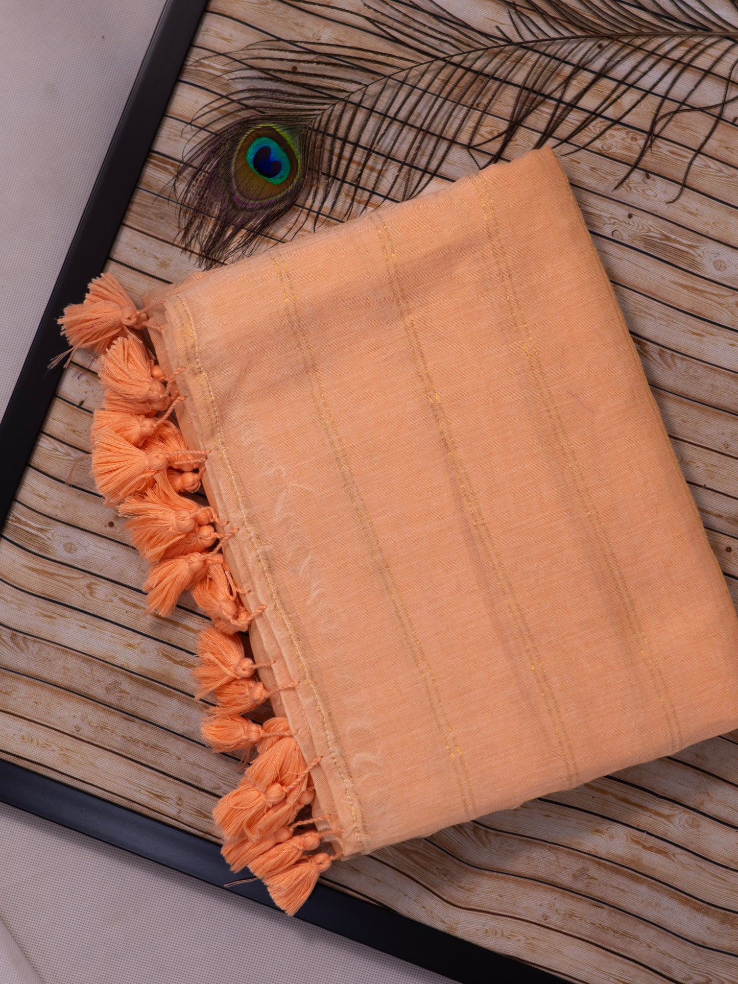 Light orange color golden body stripe mul cotton saree-S205