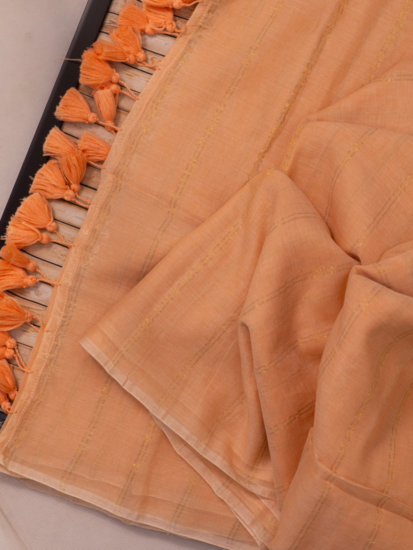Light orange color golden body stripe mul cotton saree-S205