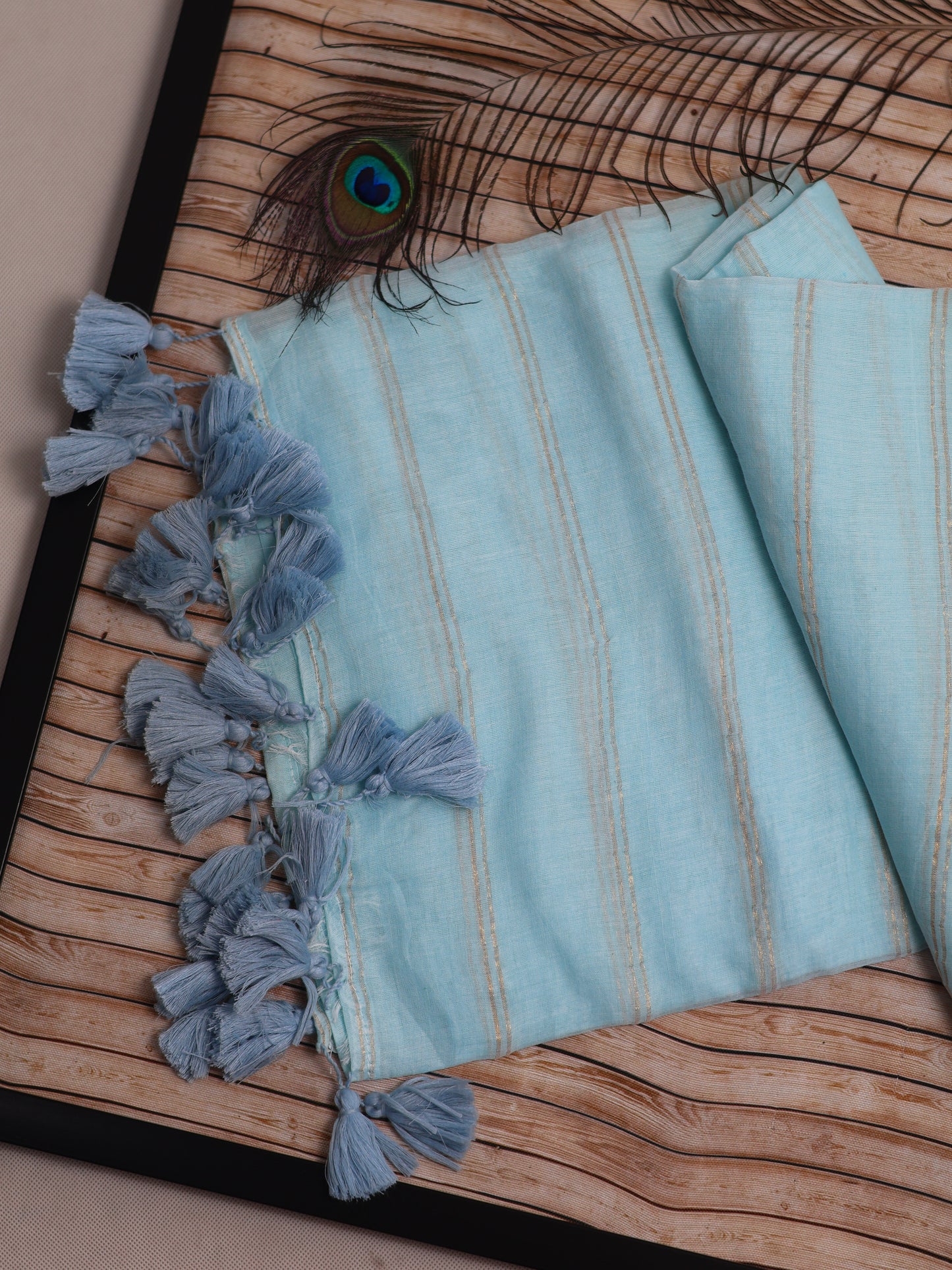 Sky blue color golden body stripe mul cotton saree-S206