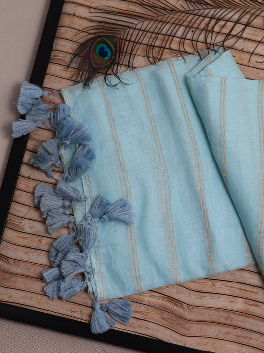 Sky blue color golden body stripe mul cotton saree-S206