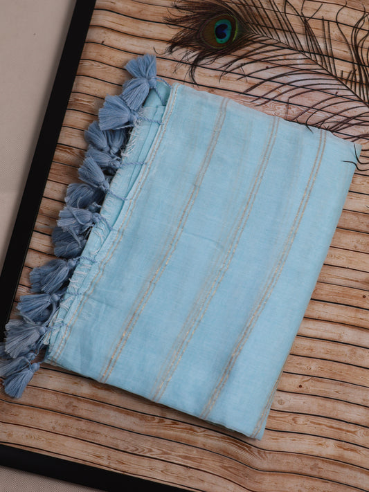 Sky blue color golden body stripe mul cotton saree-S206