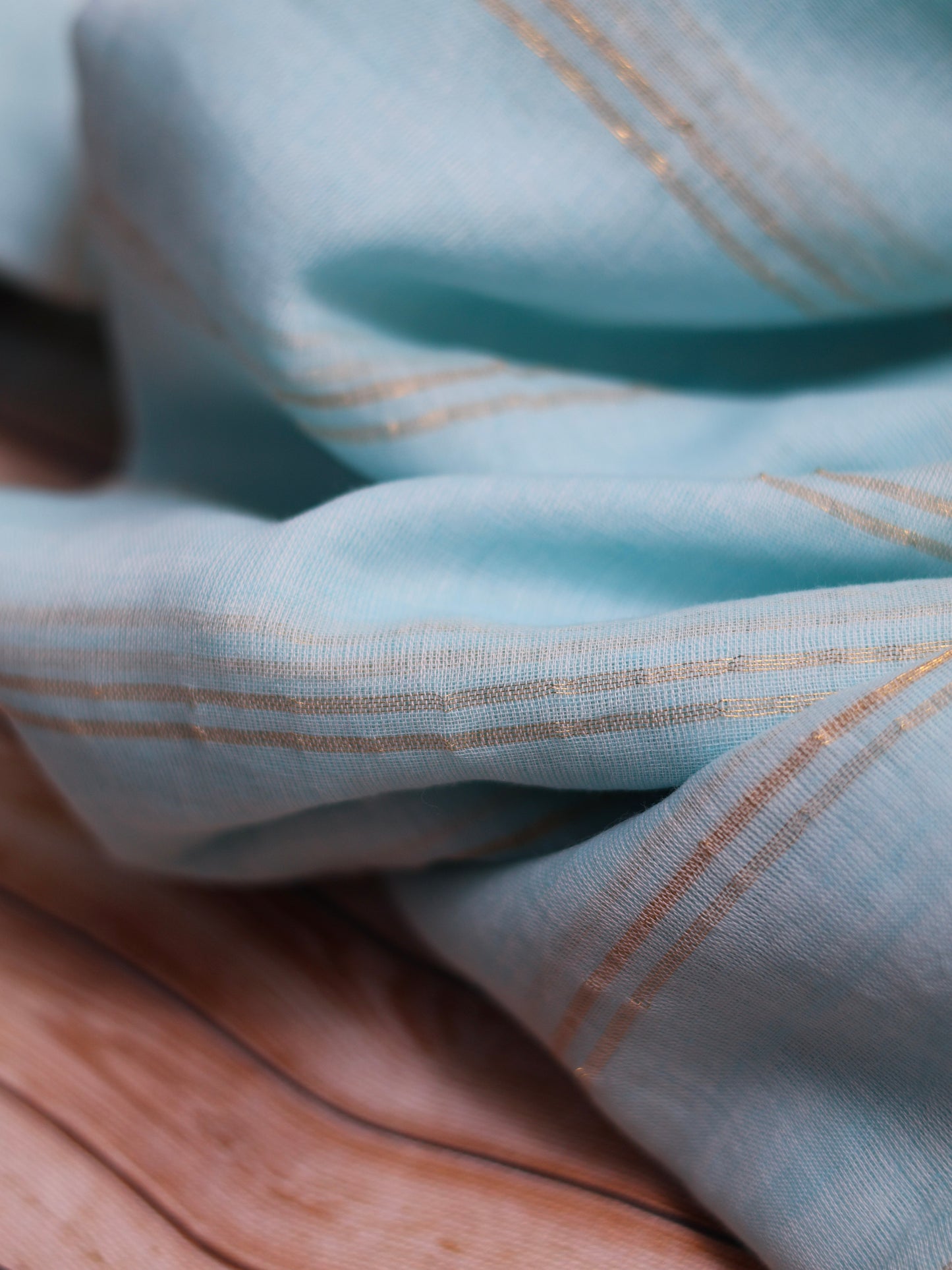 Sky blue color golden body stripe mul cotton saree-S206
