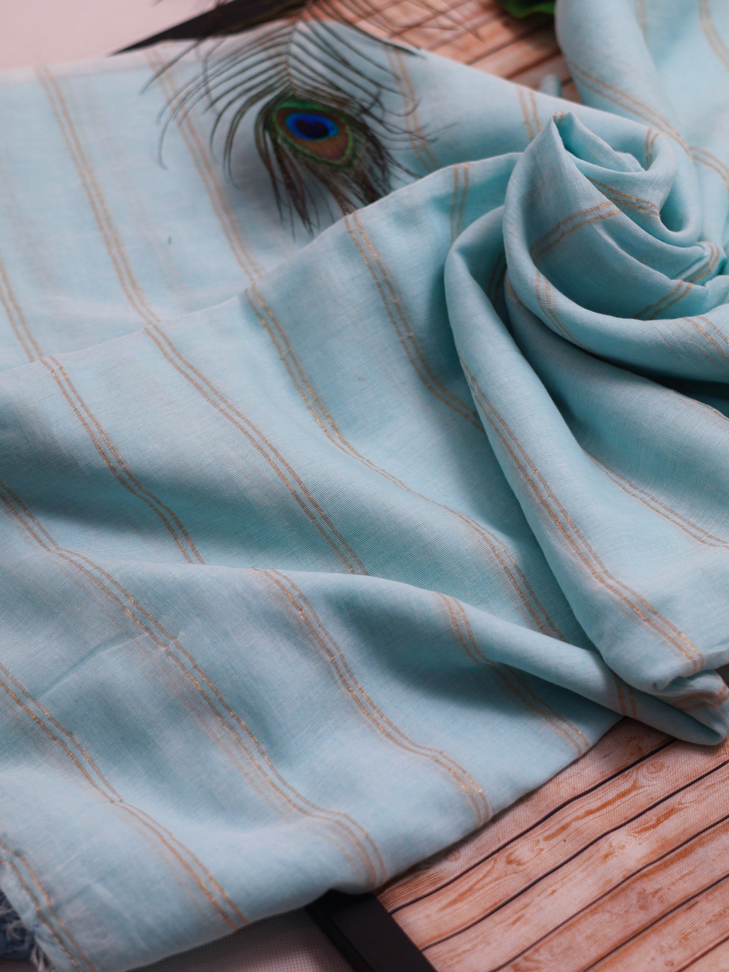 Sky blue color golden body stripe mul cotton saree-S206