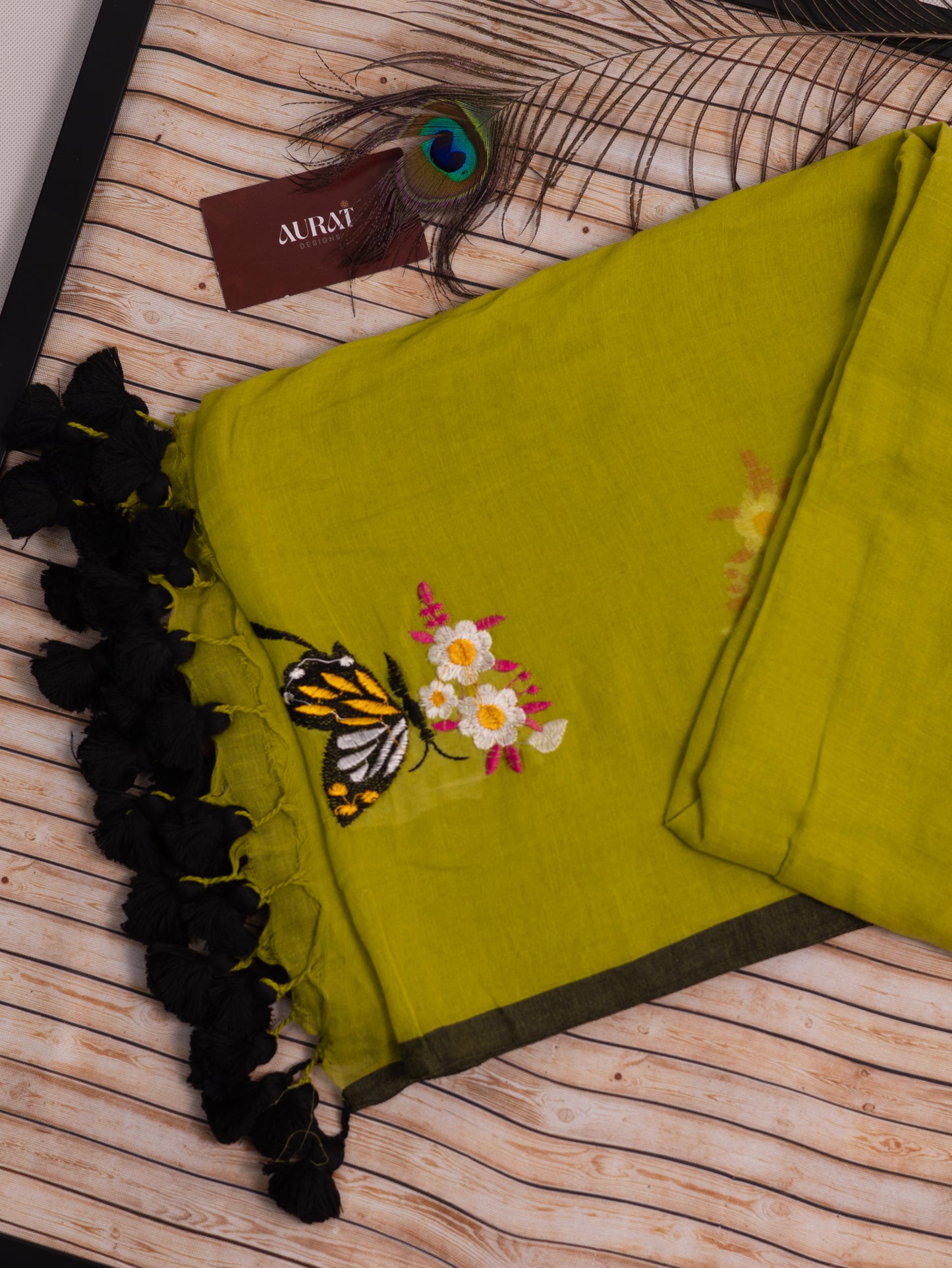 Butterfly embroidered green mul cotton saree-S183