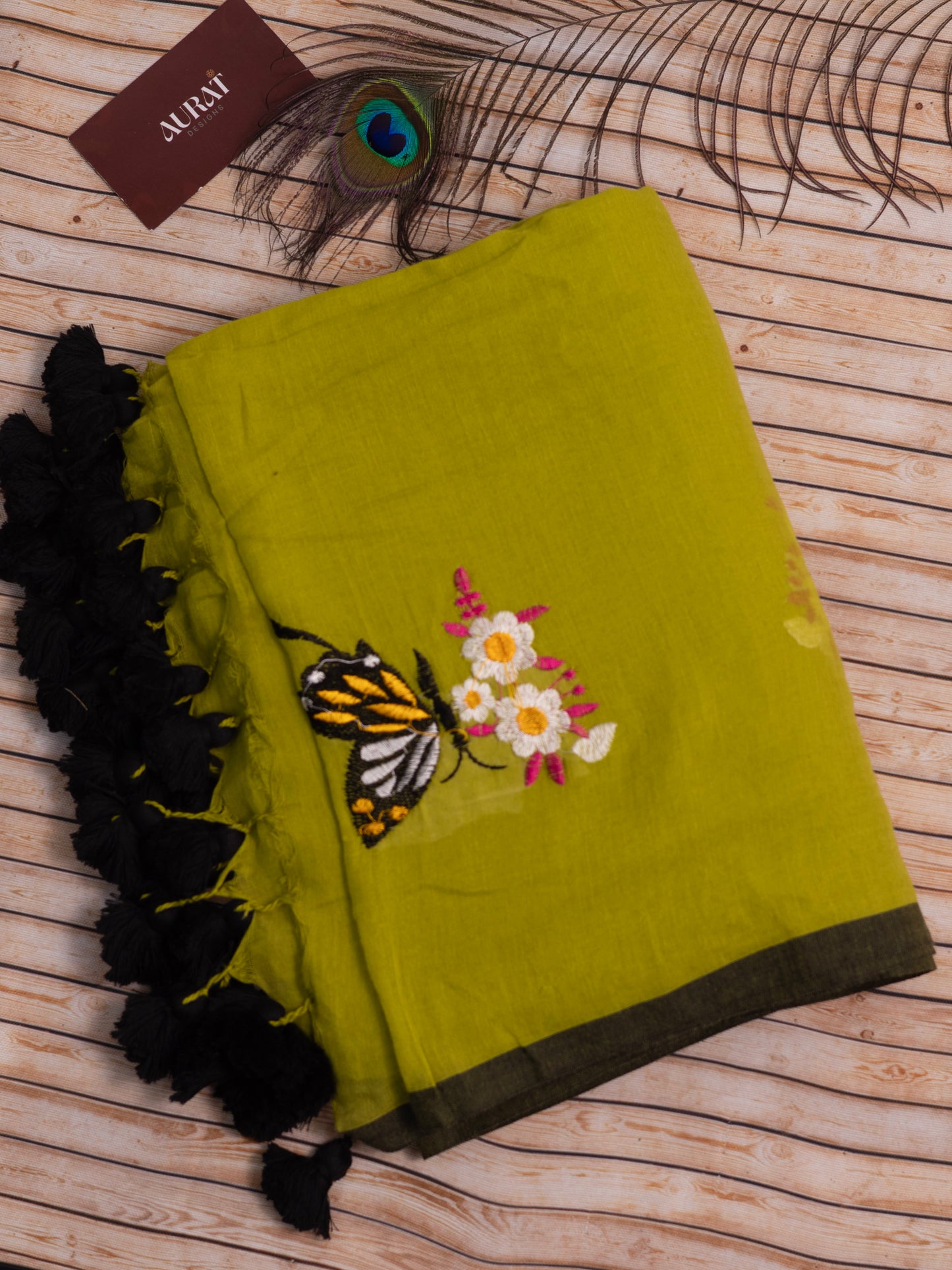 Butterfly embroidered green mul cotton saree-S183