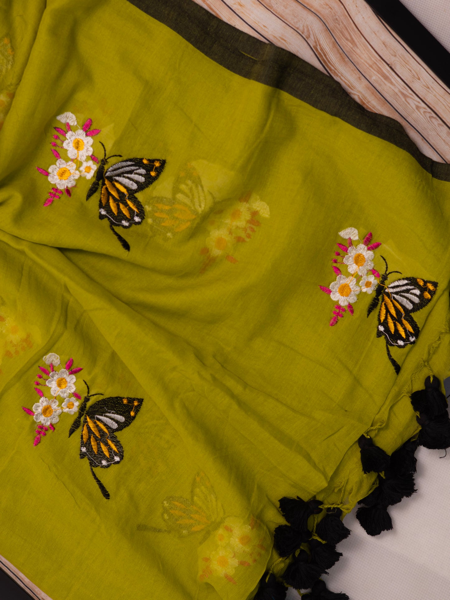 Butterfly embroidered green mul cotton saree-S183