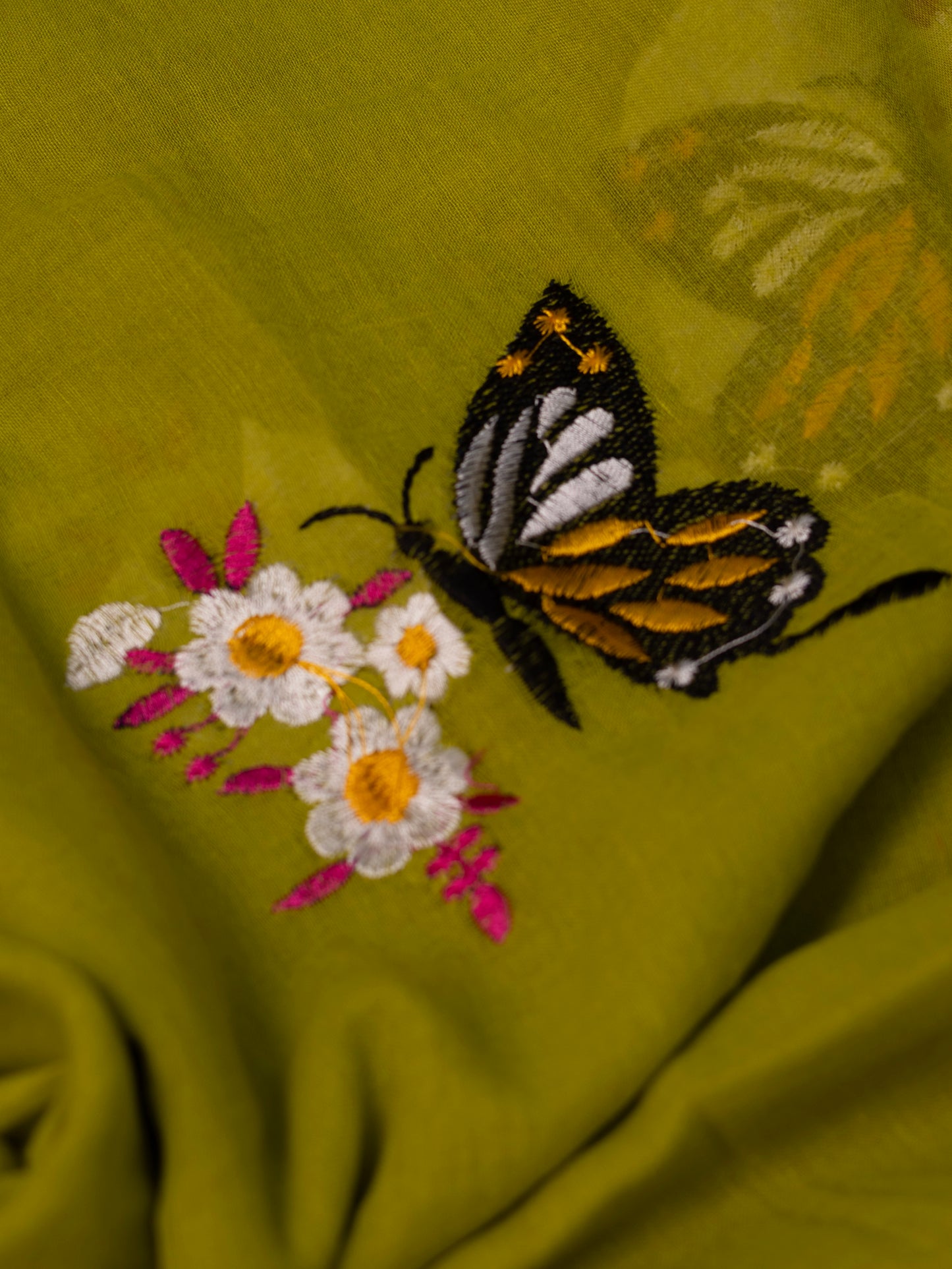 Butterfly embroidered green mul cotton saree-S183