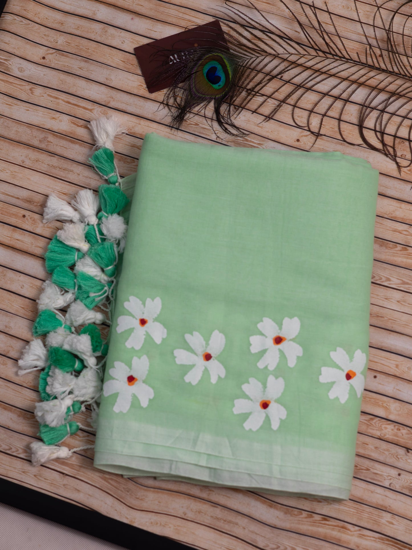 Sea green color shiuli mul cotton saree-S182