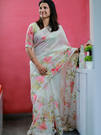 Petal Whisper – Semi Linen Floral off white Saree