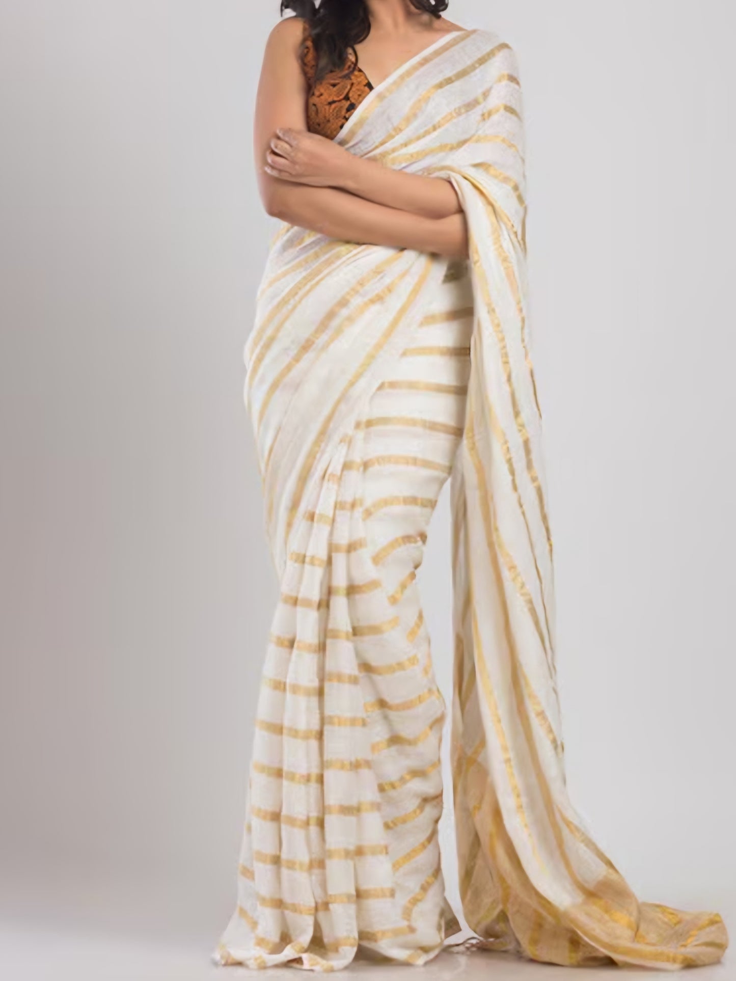 Off white golden lines Pure linen saree- SA247