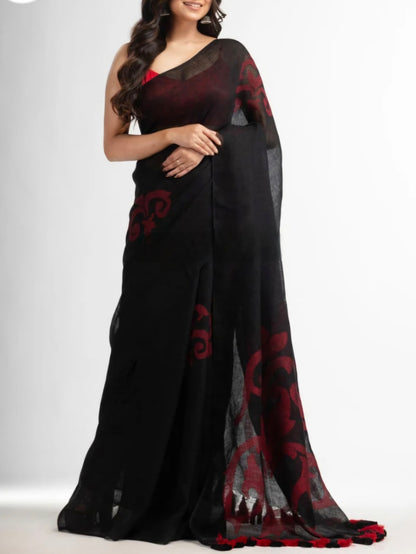 Black jamdani  Pure linen saree- S126