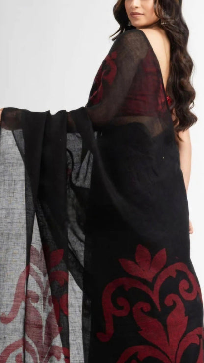 Black jamdani  Pure linen saree- S126